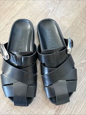 AEROSOLES Black Crisscross Slide Sandals with Silver Buckle